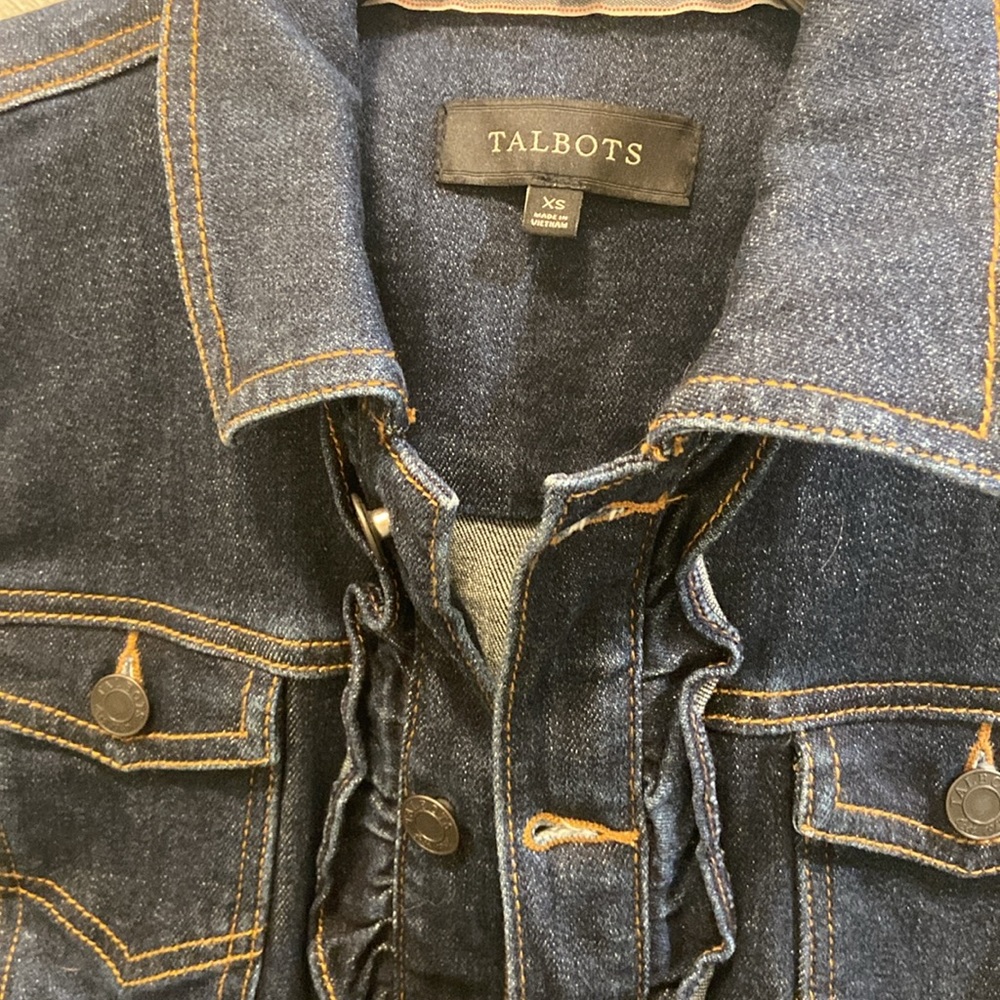 Talbots dark Jean jacket with ruffles. - Picture 3 of 4